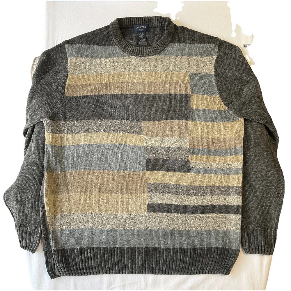 Dockers Men Sweatshirt M Gray Wool Striped Long Sleeve Crew Neck Big & Tall
